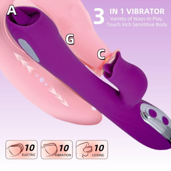 Beth 3-in-1 Thrusting Rabbit Vibrator with Licking Tongue & G-Spot Stimulation – Purple