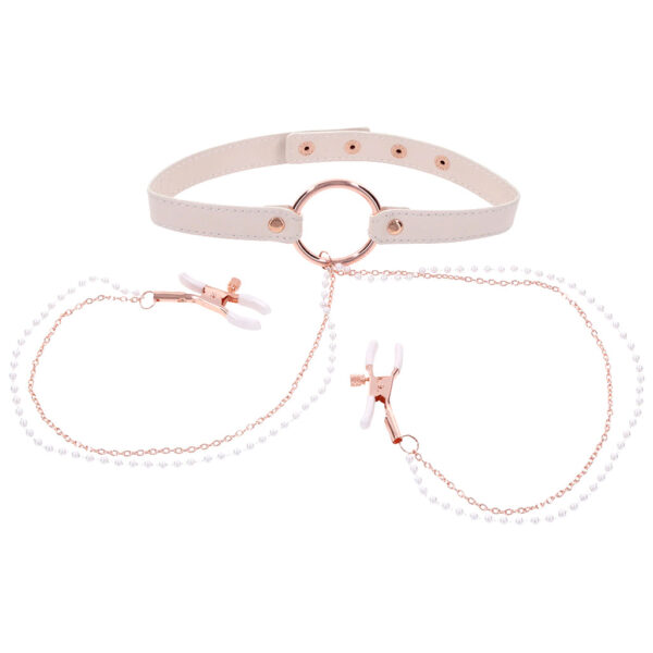 SS-099633_1 S&M Peaches 'n CreaMe Collar with Nipple Clamps